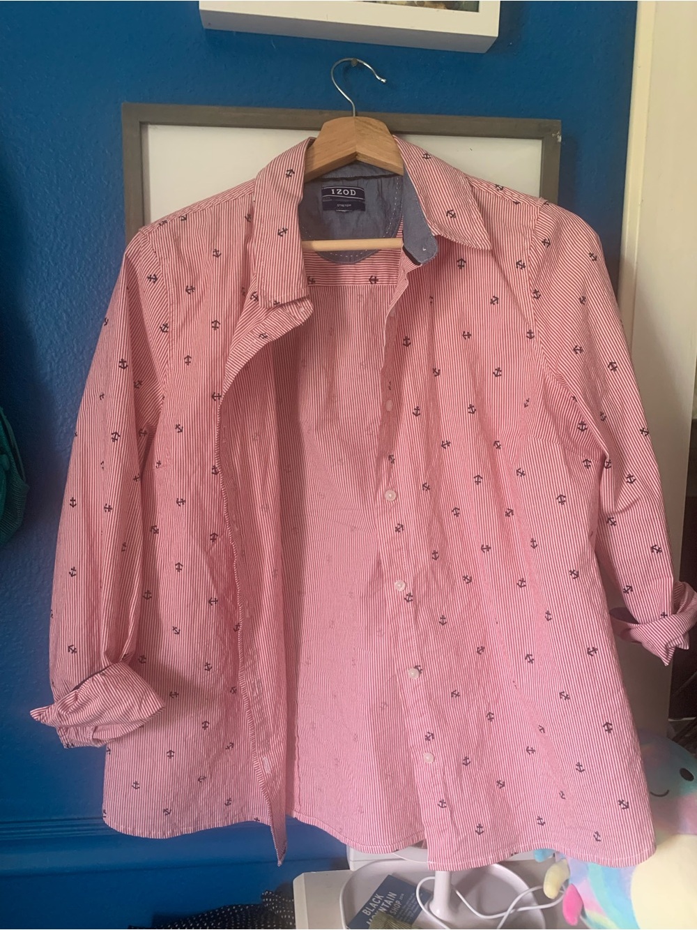 Izod Red and White Striped Button-Down with Navy Anchor Motif